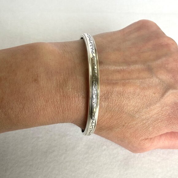 VTG Sterling Silver 925 Engraved Scroll Pattern 6MM Round Bangle Bracelet 8.25" - Picture 11 of 16
